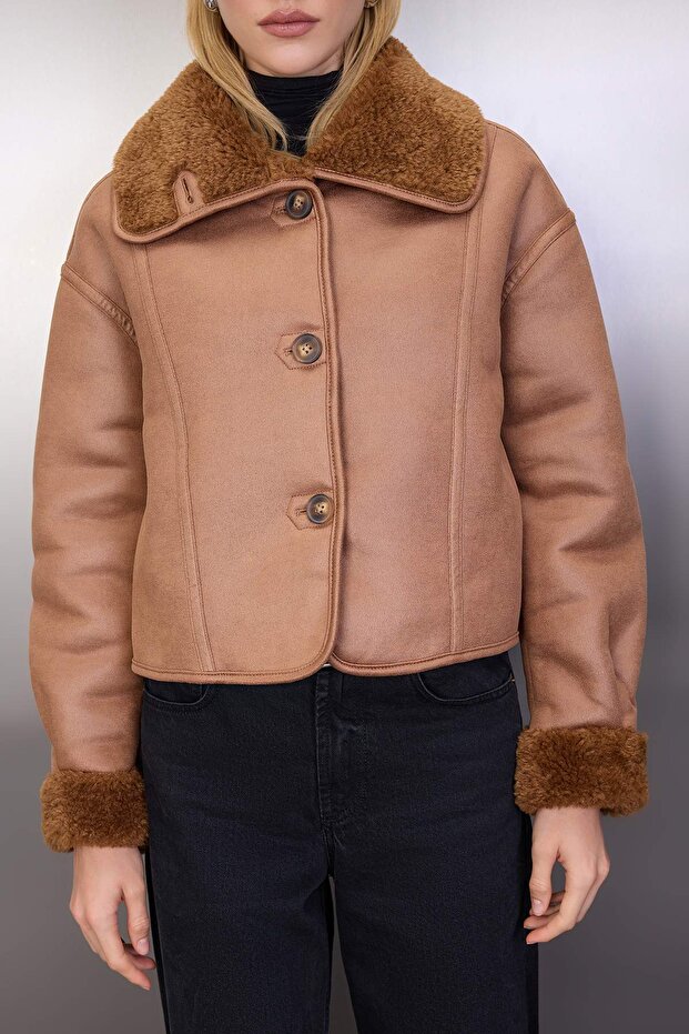 Camel Oversize Kalıp Peluş Detaylı Süet Mont TWOAW26MO00073 - 4