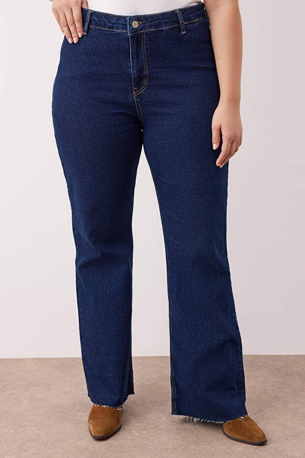 Koyu Mavi Yüksek Bel Paçası Kesikli Straight Fit Denim Büyük Beden Jeans TBBAW26CJ00033 - 3