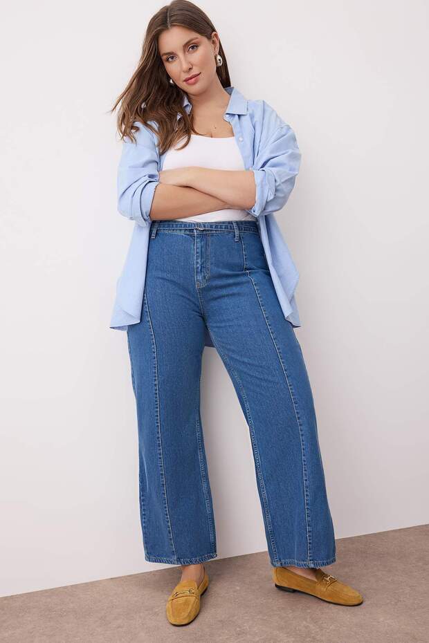 Mavi Yüksek Bel Kemerli Geniş Paça Denim Büyük Beden Jeans TBBAW26CJ00031 - 2