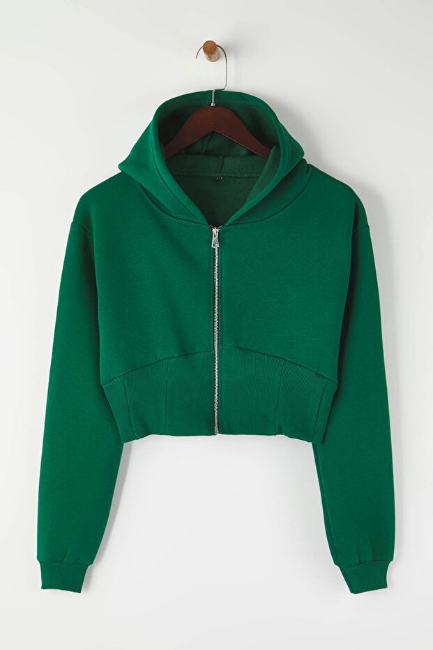 Zümrüt Yeşili Fermuarlı Kapüşonlu Belden Oturmalı Esnek Örme Sweatshirt TWOAW26SW00089 - 5