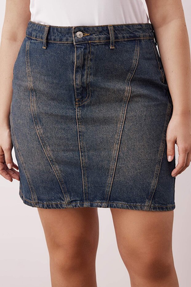 More Sustainable Koyu Mavi Dikiş Detaylı %100 Pamuk Non-Stretch Mini Denim Etek TBBAW26AZ00037 - 3