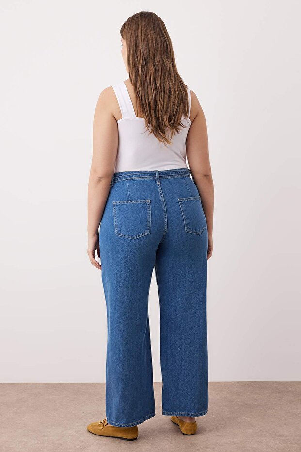 Mavi Yüksek Bel Kemerli Geniş Paça Denim Büyük Beden Jeans TBBAW26CJ00031 - 4