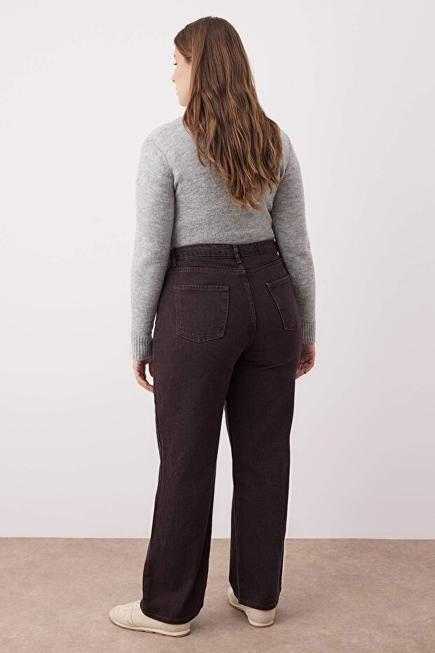 Kahverengi Yüksek Bel Straight Fit %100 Pamuk Non-Stretch Büyük Beden Jeans TBBSS22JE0211 - 6
