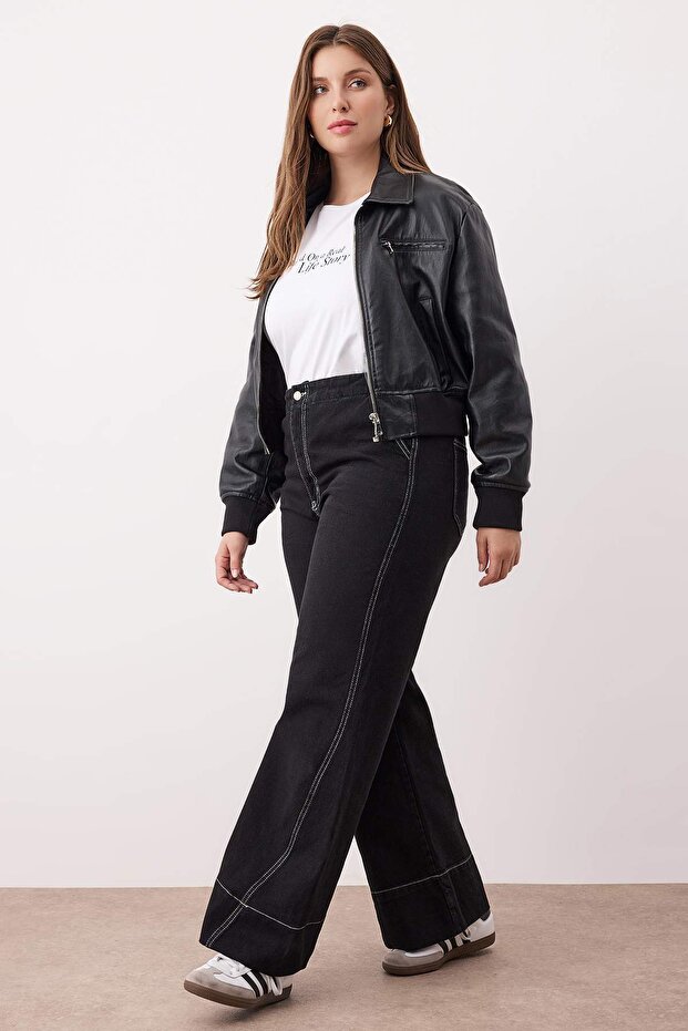 Antrasit Yüksek Bel Dikiş Detaylı Geniş Paça Büyük Beden Wide Leg Jeans TBBAW26CJ00017 - 2