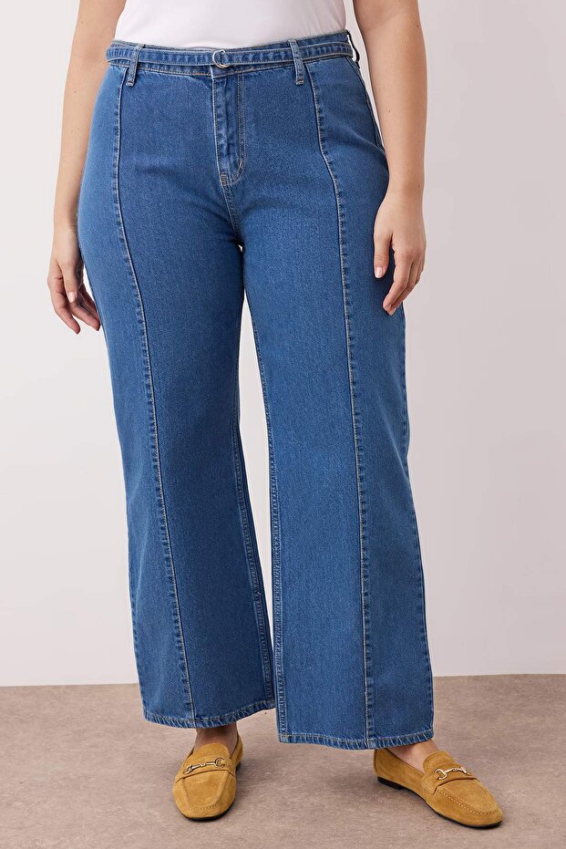 Mavi Yüksek Bel Kemerli Geniş Paça Denim Büyük Beden Jeans TBBAW26CJ00031 - 3