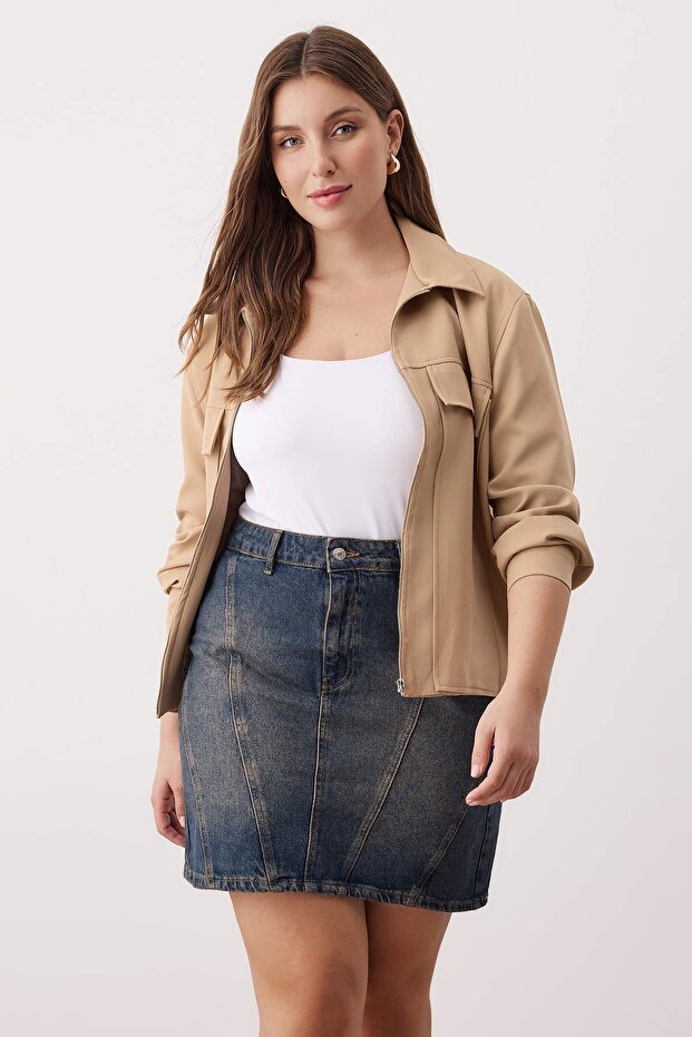 More Sustainable Koyu Mavi Dikiş Detaylı %100 Pamuk Non-Stretch Mini Denim Etek TBBAW26AZ00037 - 2