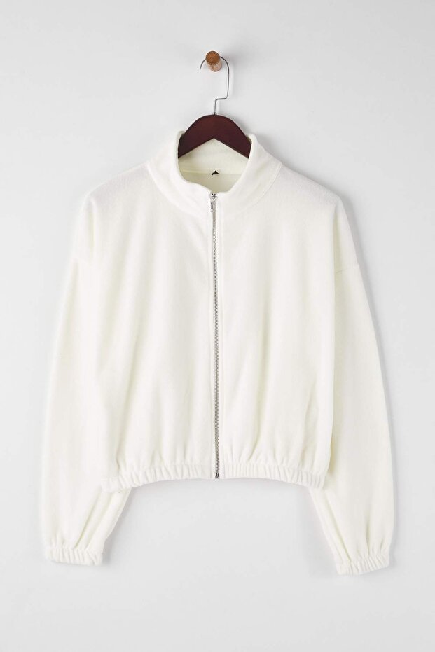 Ekru Polar Fermuarlı Oversize/Geniş Kalıp Kalın Örme Sweatshirt TWOAW26SW00057 - 5