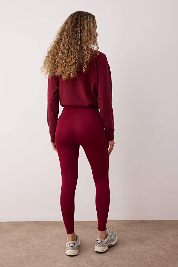 Bordo Mat Görünümlü Ekstra Toparlayıcı Örme Spor Tayt THMAW26TY00019 - 4