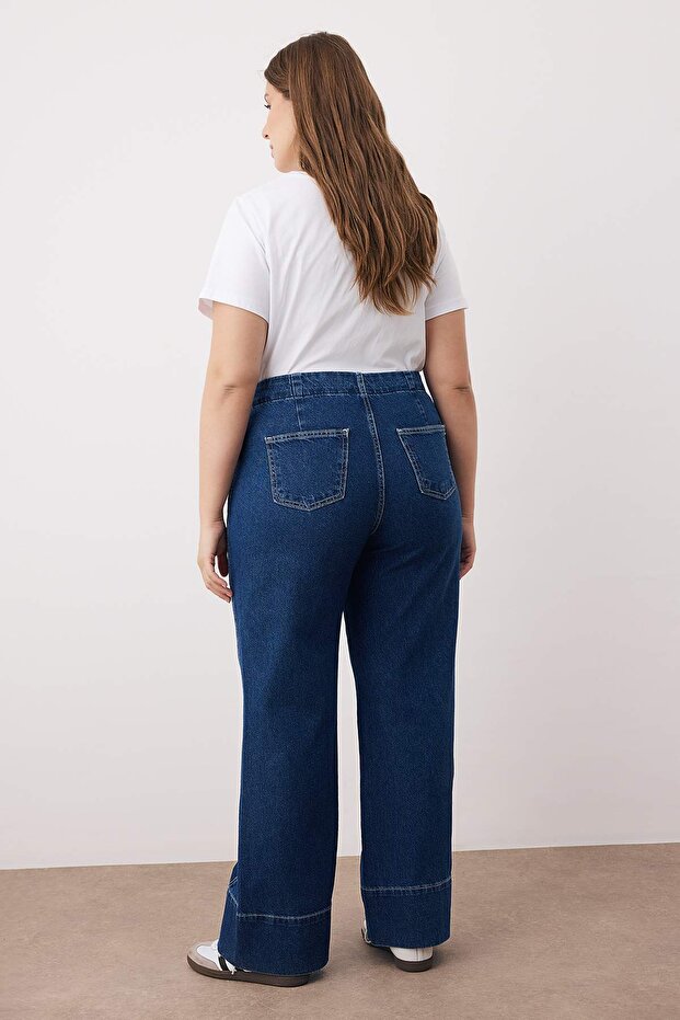 Mavi Yüksek Bel Dikiş Detaylı Geniş Paça Büyük Beden Wide Leg Jeans TBBAW26CJ00017 - 4