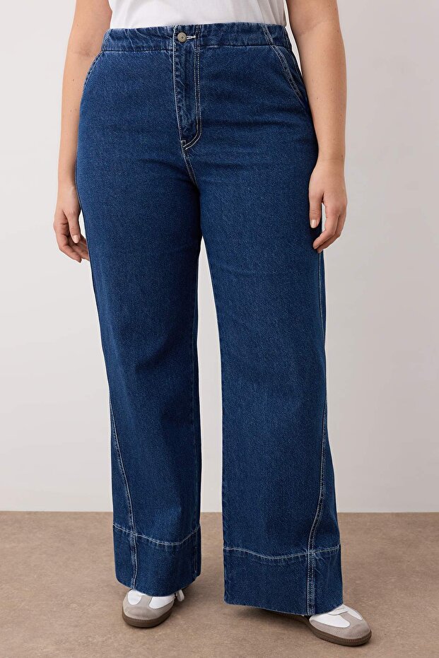 Mavi Yüksek Bel Dikiş Detaylı Geniş Paça Büyük Beden Wide Leg Jeans TBBAW26CJ00017 - 3