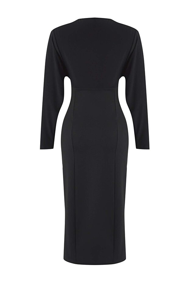 Siyah Düz Üstü Dökümlü Bodycon Midi Örme Elbise TWOAW26EL00200 - 6