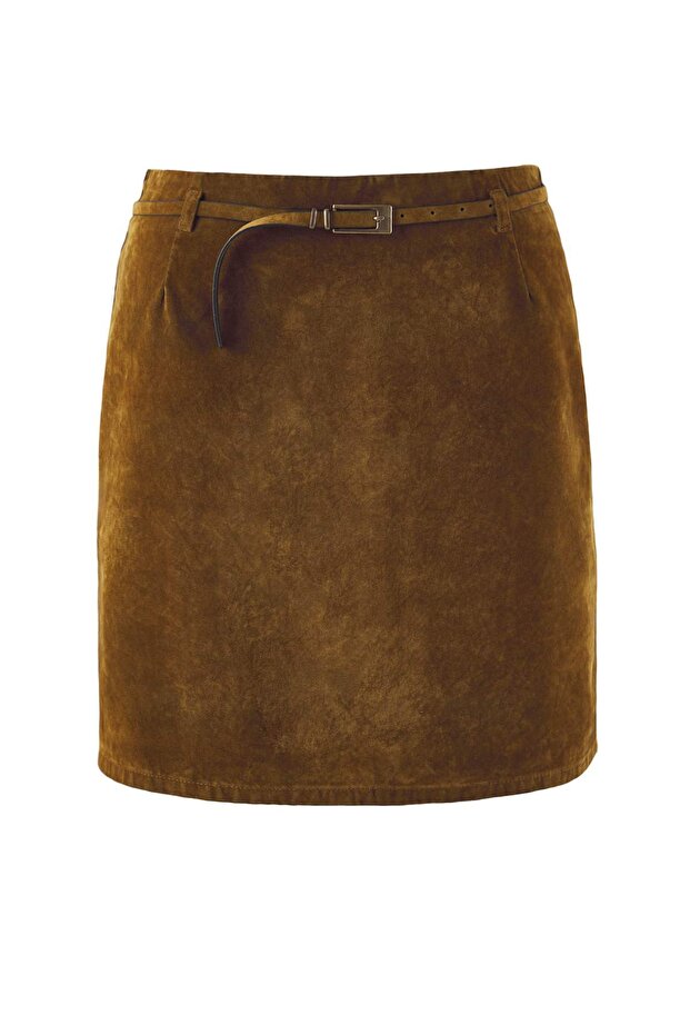 Camel Süet Görünümlü Büyük Beden Denim Etek TBBAW26AZ00035 - 5