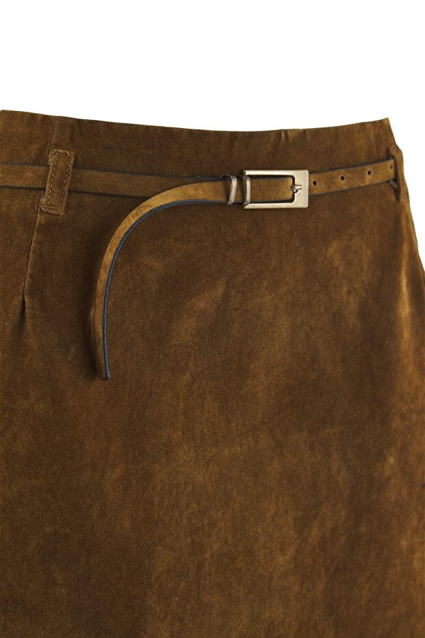 Camel Süet Görünümlü Büyük Beden Denim Etek TBBAW26AZ00035 - 6