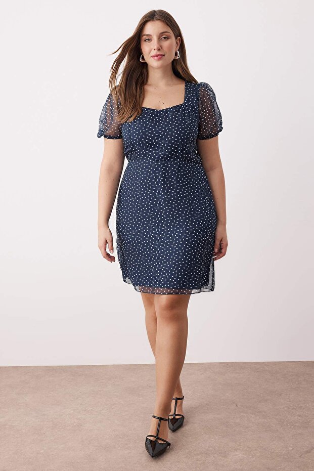 Navy Blue Heart Mini Chiffon Woven Plus Size Dress Tbbss25Ah00048