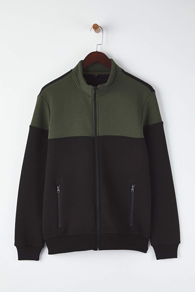Yeşil-Siyah Regular Fit Uzun Kollu Dik Yaka Fermuarlı Sweatshirt TMNAW22SW0720 - 5