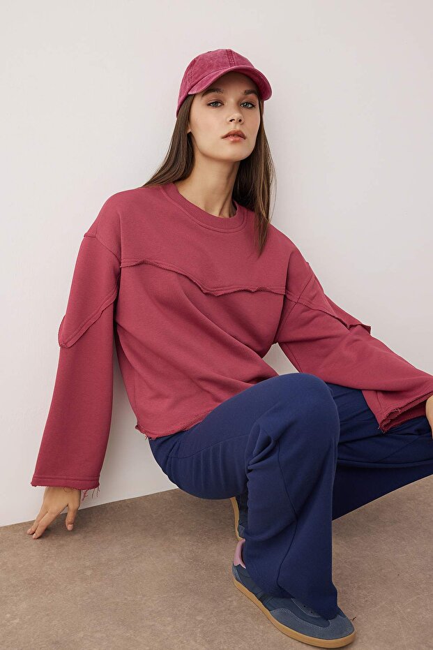 Gül Kurusu Kalın Şardonsuz İspanyol Kol Dikiş Detaylı Relaxed Örme Sweatshirt TWOAW26SW00110 - 2