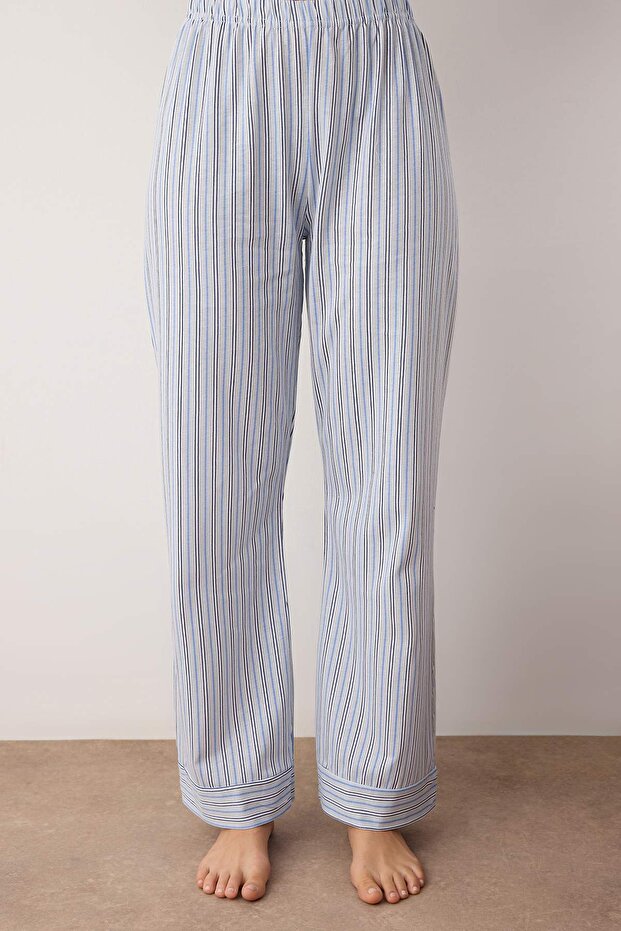 Mavi %100 Pamuklu Çizgili Gömlek-Pantolon Örme Pijama Takımı THMAW24PT00144 - 3