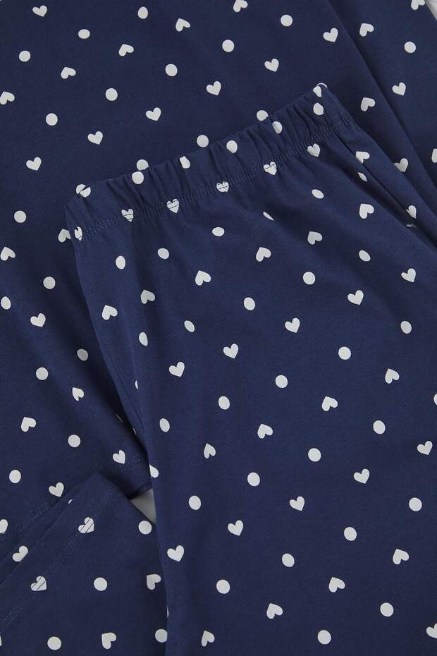 Lacivert Kalp ve Puantiye Desenli Örme Pijama Takımı TBBAW25AI00065 - 3