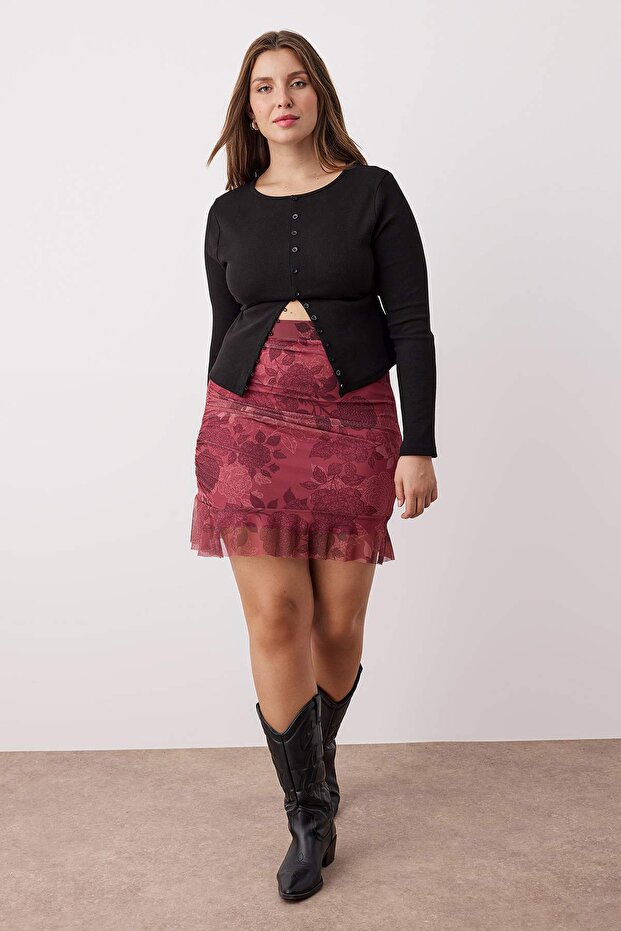 Bordo Çiçekli Mini Örme Büyük Beden Etek TBBAW26AZ00019