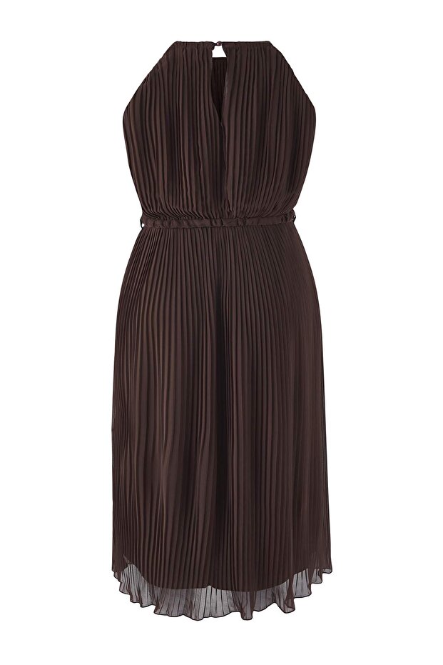 Kahverengi Bodycon Maxi Boy Şifon Dokuma Büyük Beden Elbise TBBSS25AH00252 - 7
