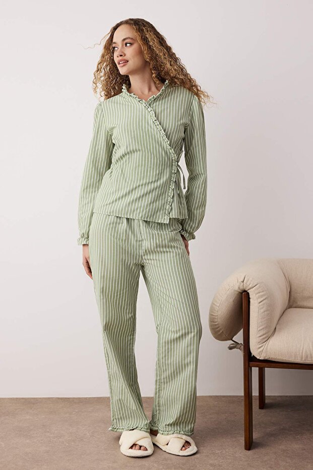 Koyu Yeşil Çizgili Poplin Dokuma Pijama Takımı THMAW26PT00098 - 2