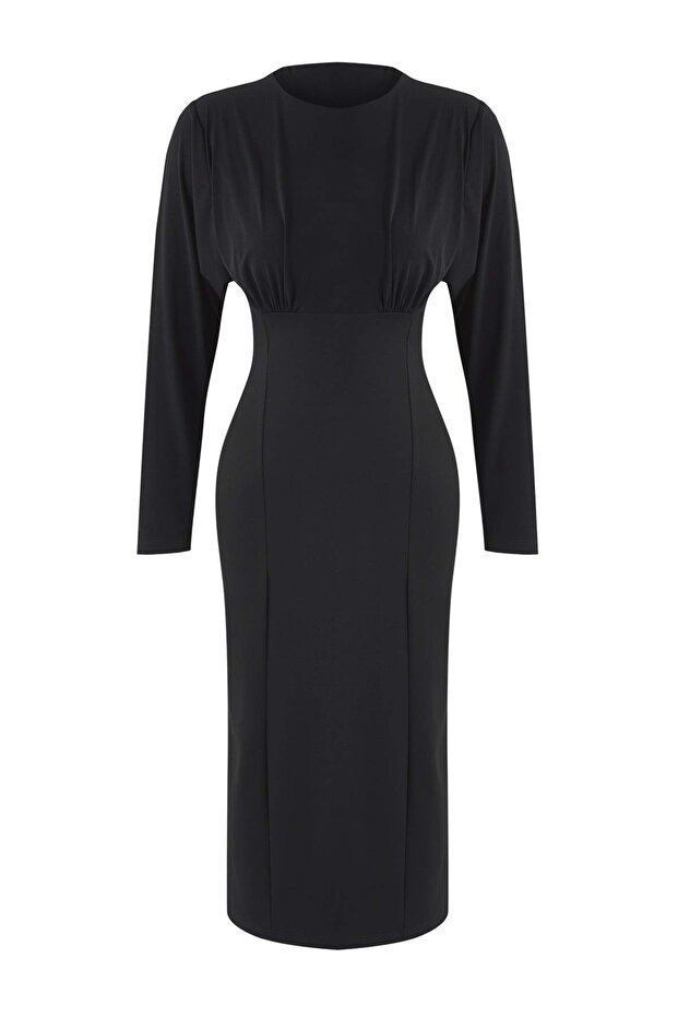 Siyah Düz Üstü Dökümlü Bodycon Midi Örme Elbise TWOAW26EL00200 - 5