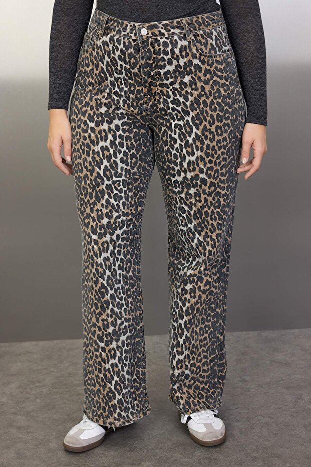 Çok Renkli Yüksek Bel Leopar Desenli Comfort/rta Esnek Straight Fit Büyük Beden Jeans TBBAW25CJ00003 - 3