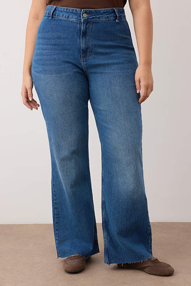 Mavi Yüksek Bel Paçası Kesikli Straight Fit Denim Büyük Beden Jeans TBBAW26CJ00033 - 3
