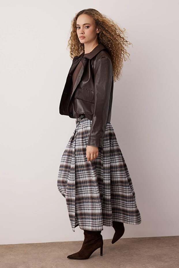 Vícebarevná netkaná sukně s kostkovaným vzorem a dvojitým páskem TCTAW26EE00012 - 2