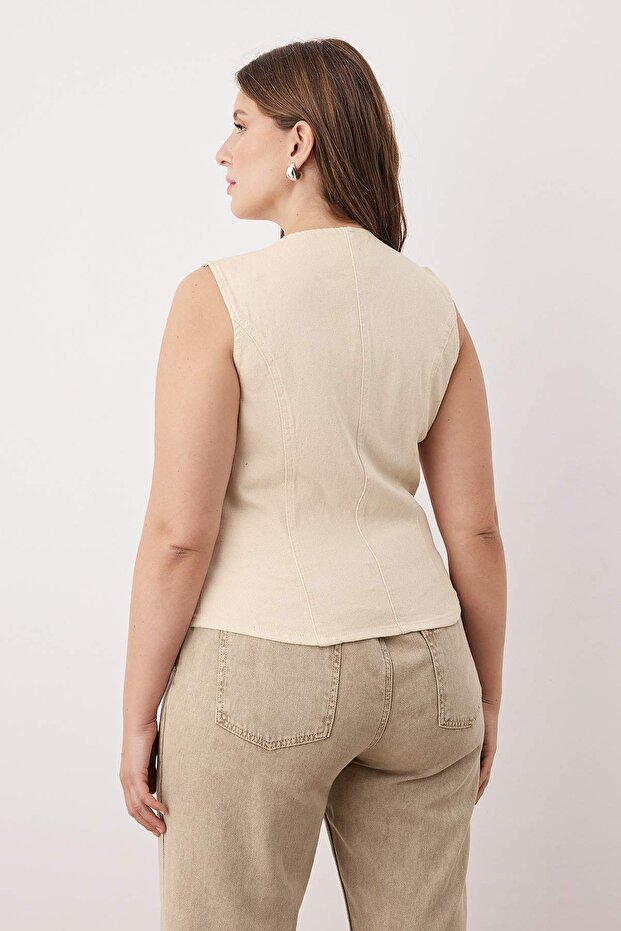 Ekru Önü Fermuarlı Büyük Beden Denim Yelek TBBAW26BH00001 - 5