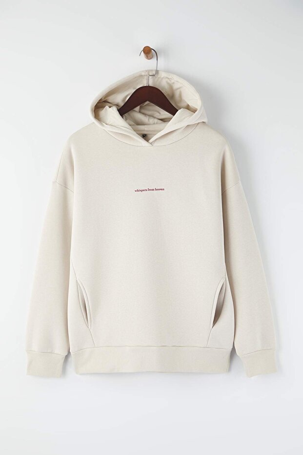 Teen Taş Kapüşonlu Sırt Melek Baskılı Kalın İçi Polarlı Oversize Örme Sweatshirt TWOAW26SW00198 - 6