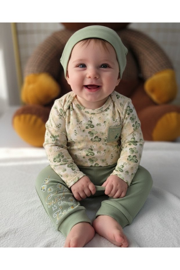 Boy-Girl Baby Shoulder Expandable Snap Body Pajama Beanie Set, 100% Cotton, Modern Design
