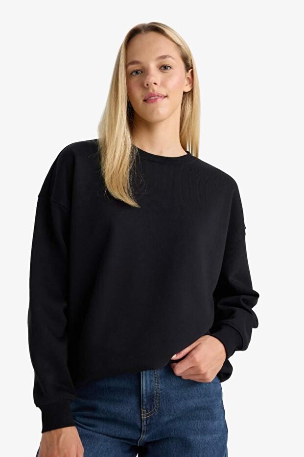Oversize Geniş Kalıp Bisiklet Yaka Basic Düz Kalın Sweatshirt (25 WN) - 3
