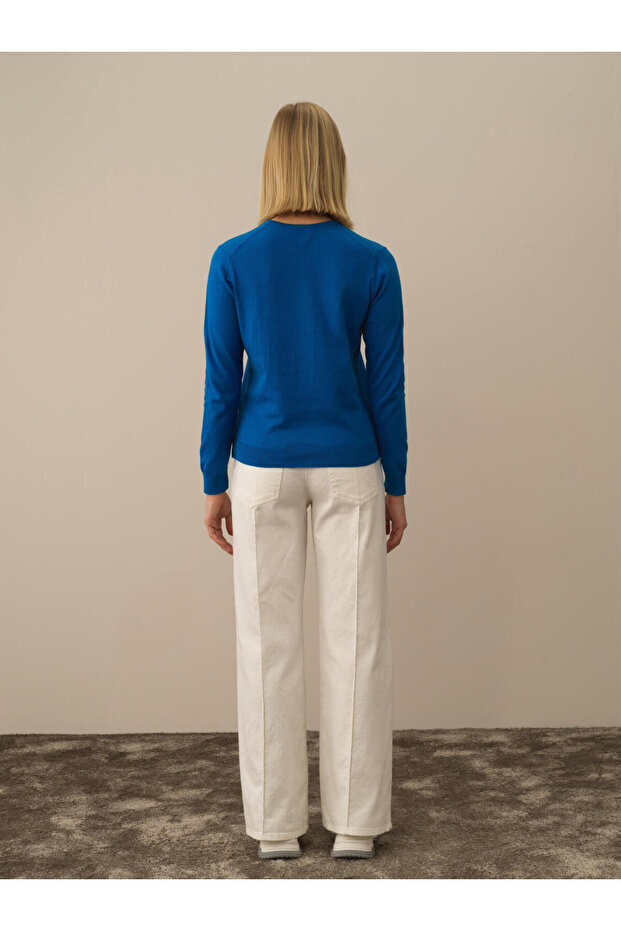 Kadın Mavi Regular Fit Basic Kazak - 4