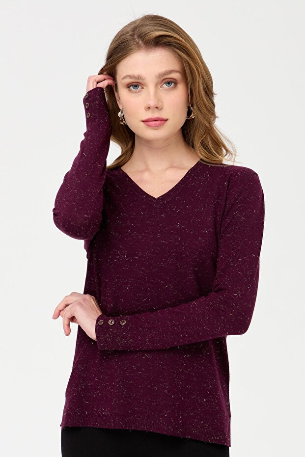 Women's V-Neck Buttoned Sleeves Glitter Blouse Red Plum