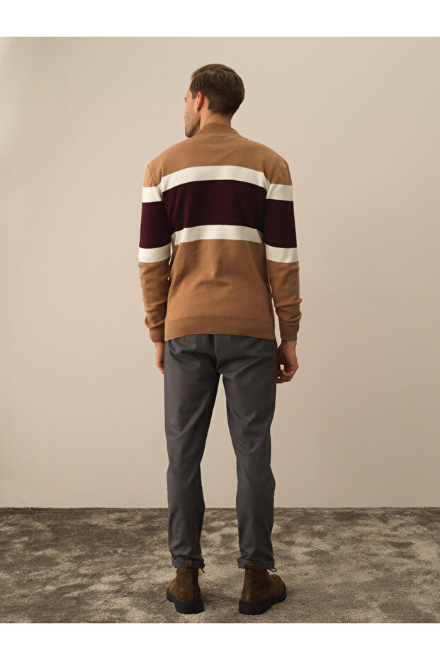 Erkek Camel Regular Fit Çizgili Hırka - 5
