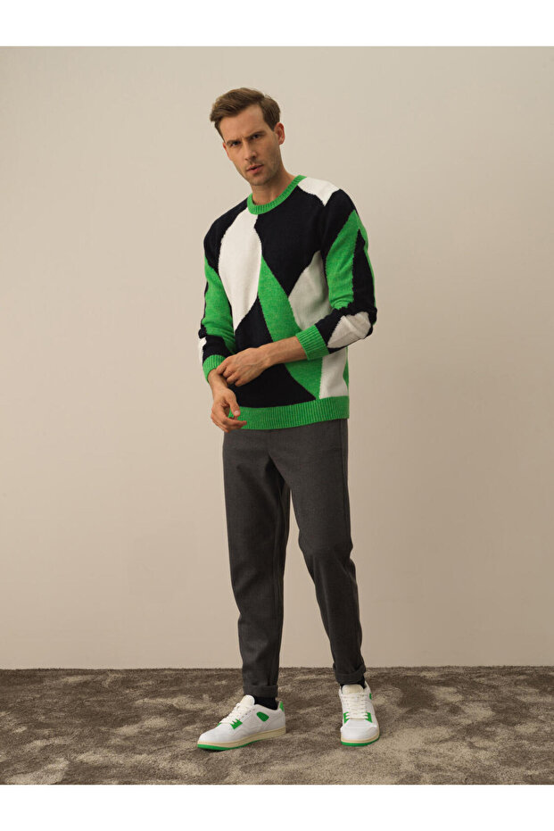 Erkek Yeşil Lüks Pamuk Dokulu Regular Fit Kazak - 2