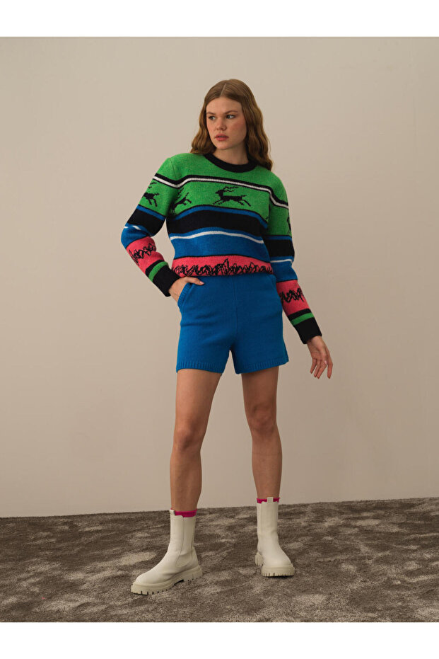 Kadın Mavi Regular Fit Yünlü Triko Şort - 2