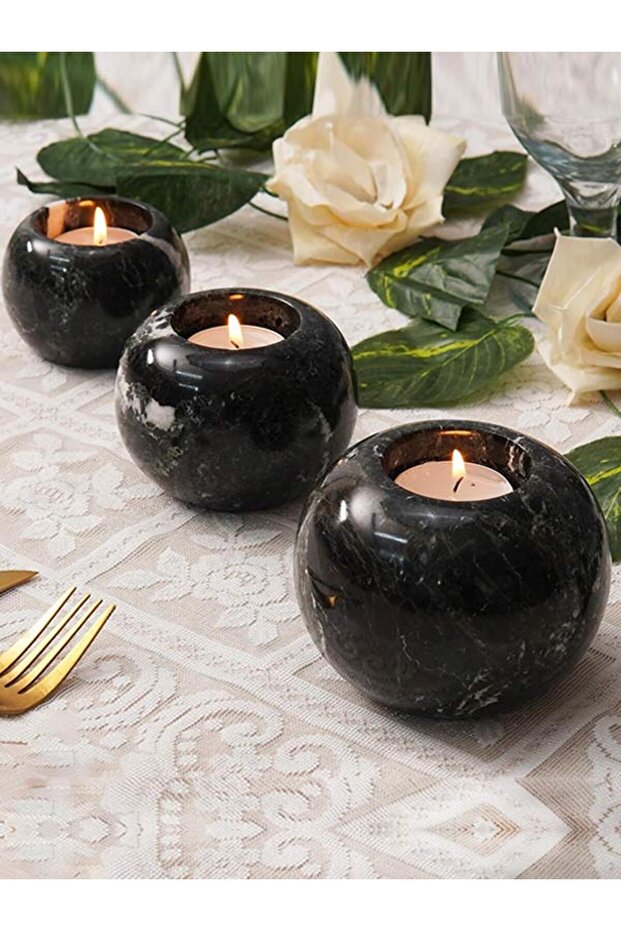 Black Marble Tealight Candle Holders – 3-Piece Set for Table Décor, Weddings, Home & Gift Use