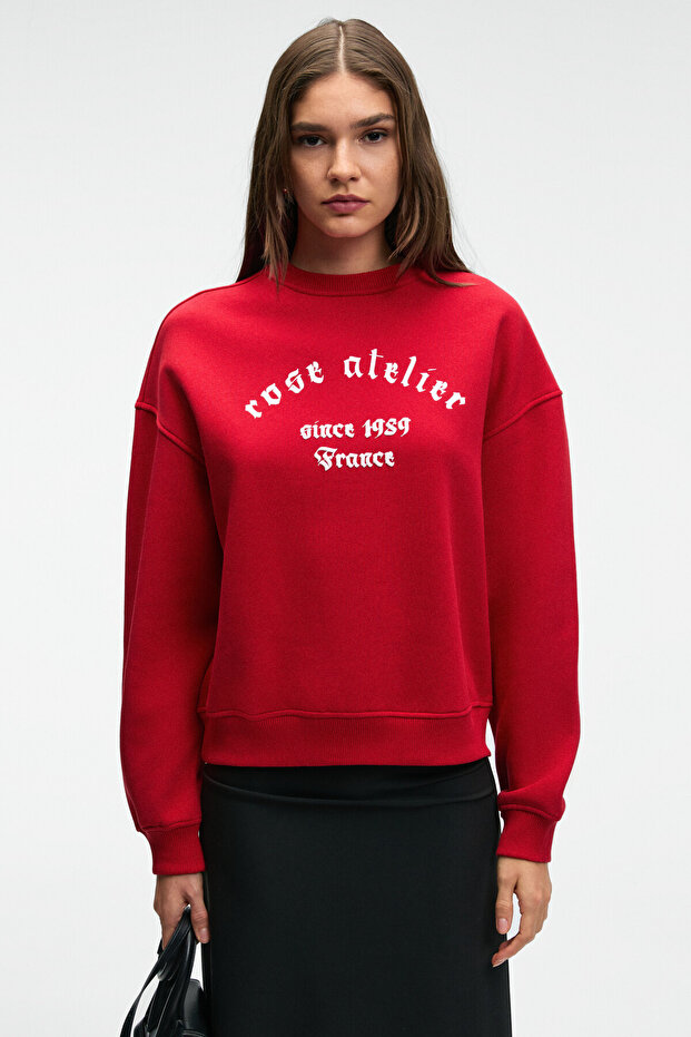 Morevessa Women's Regular Fit Print Detailed Round Neck Red Sweatshirt