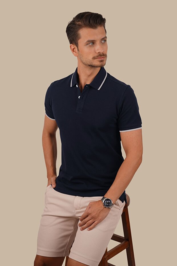 Navy Blue Gray Collar Striped Men's Polo Neck T-Shirt