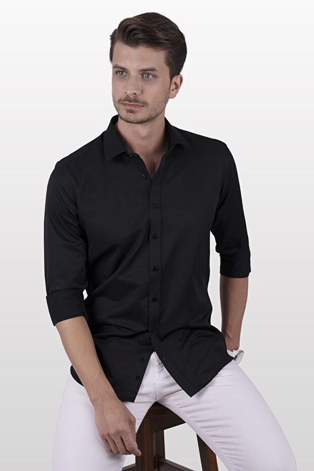 Black Satin Slimfit Men's Shirt with Gift Box