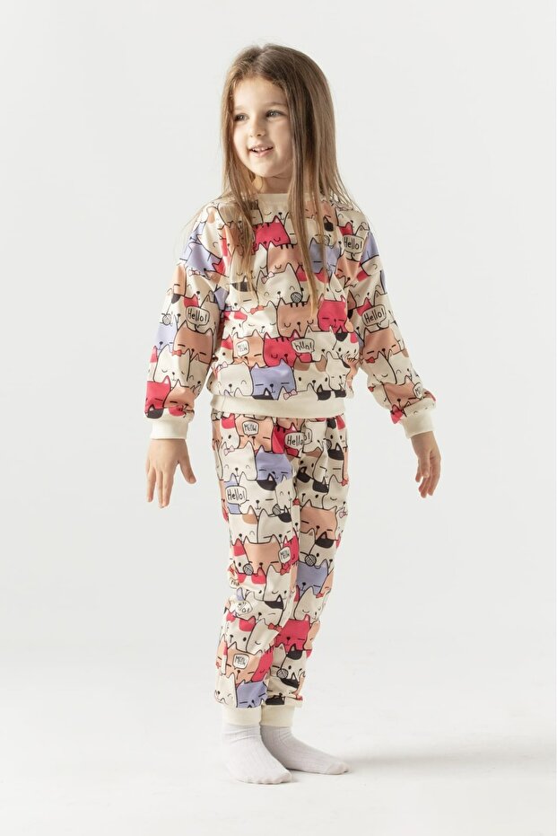 Girl's Colorful Kitten Printed Long Sleeve Double Set