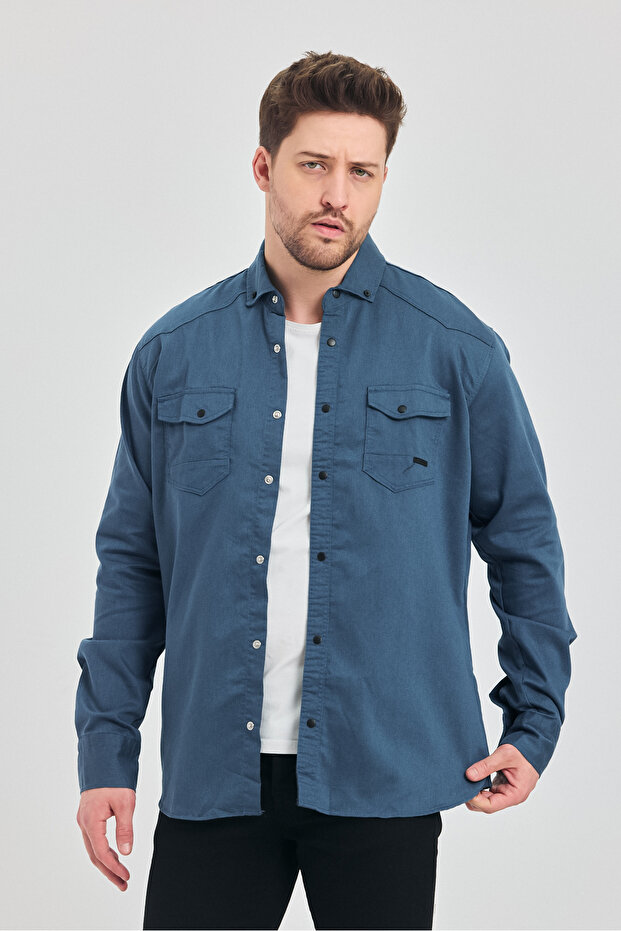 YXC Trend Maker Erkek Gömlek Slim Fit Erkek Lacivert Kot Gömlek