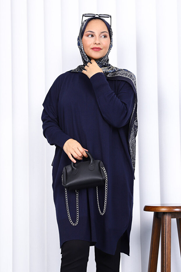 Navy Blue Crew Neck Mercerized Loose Knitwear Tunic