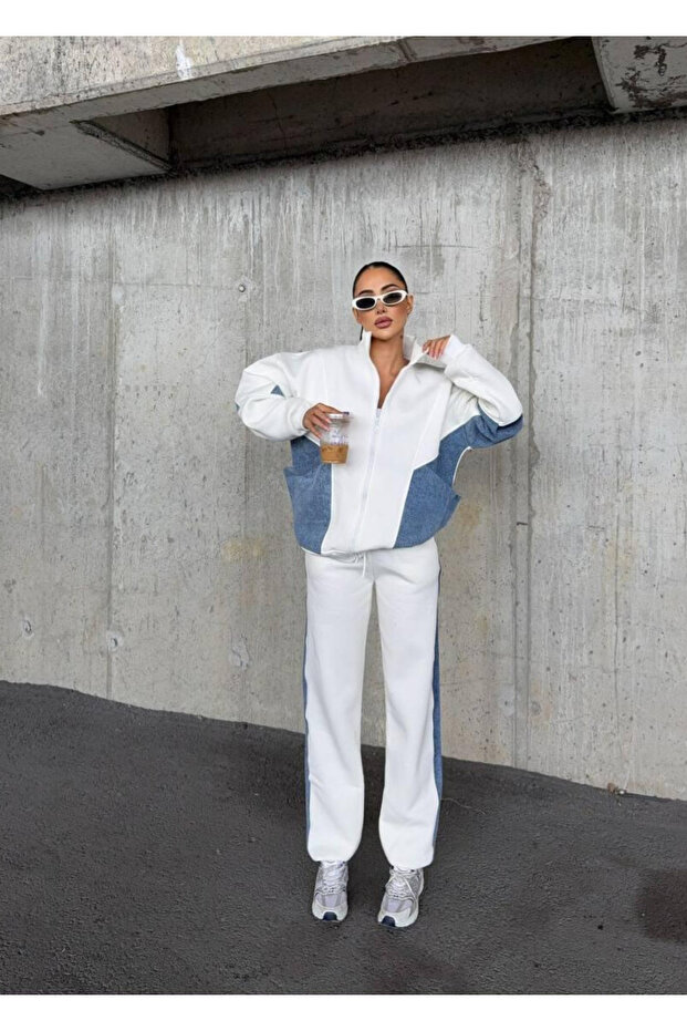 Women's Oversized Zip-Up Tracksuit Set with Denim Detail, Sports Casual