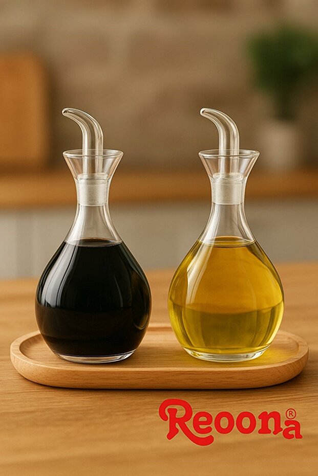 2 Adet Borosilikat Tombul Düz Cam Yağdanlık Yağlık ve Sirkelik Seti 900 ml+900 ml Bambu Standlı - 1