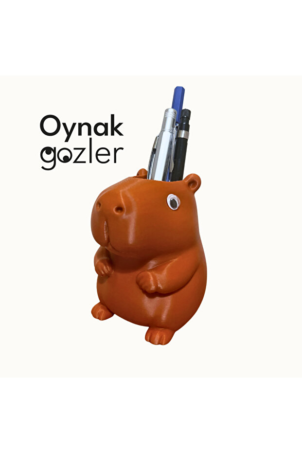Capybara Design Pen Holder – Cute Moving Eyes Desktop Organizer Brown