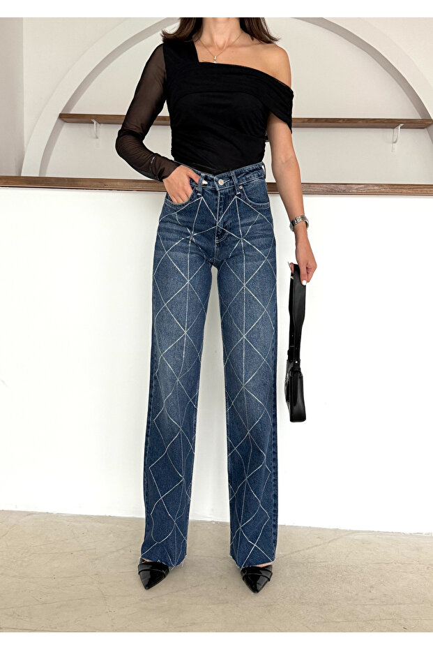 Women's Dark Blue Shiny Stone Special Design Denim Straight Palazzo Jeans
