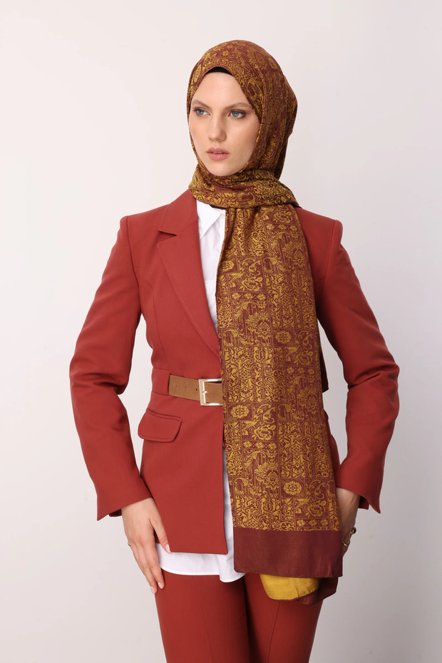 Henna Pattern Double-Sided Shawl Plum-Yellow - 5